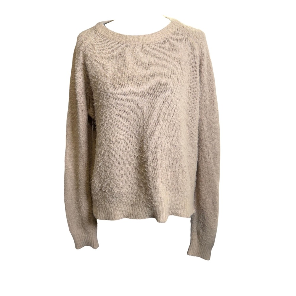 Olivaceous Sweater Large Tan Fuzzy Knit Crewneck High Low Back Pleat JT13-62